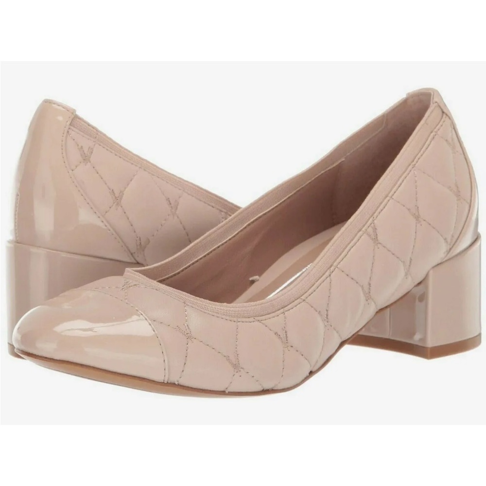 Vionic Quilted Patent Block Heel Pumps in Nude Blush
